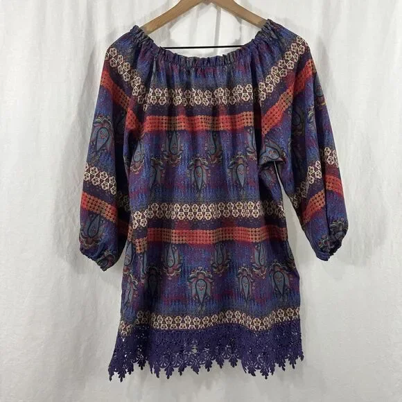 Westbound Lot of 2 Colorful Peasant Boho Crochet Trim Tunic Tops Womens Size L - Picture 11 of 11